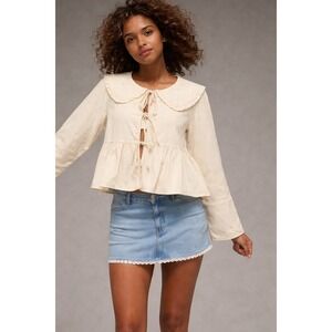 American Eagle Cream Corduroy Tie-Front Peplum Blouse XL Long Sleeve Peter Pan